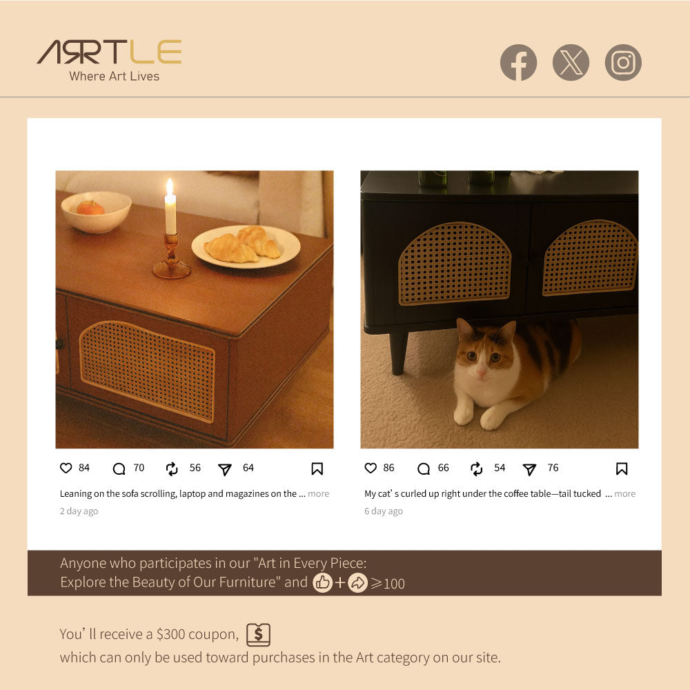 TV Stand & Coffee Table Set with Cane Drawers Mid-Century Modern Style Spacious Storage Elegant Design