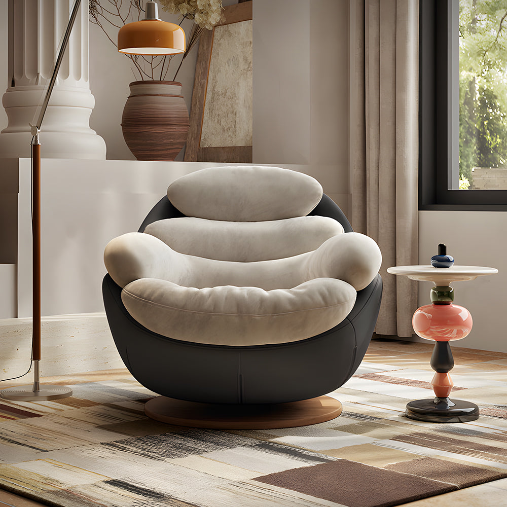 Modern Swivel Lounge Chair with Plush Cushions and Wooden Base
