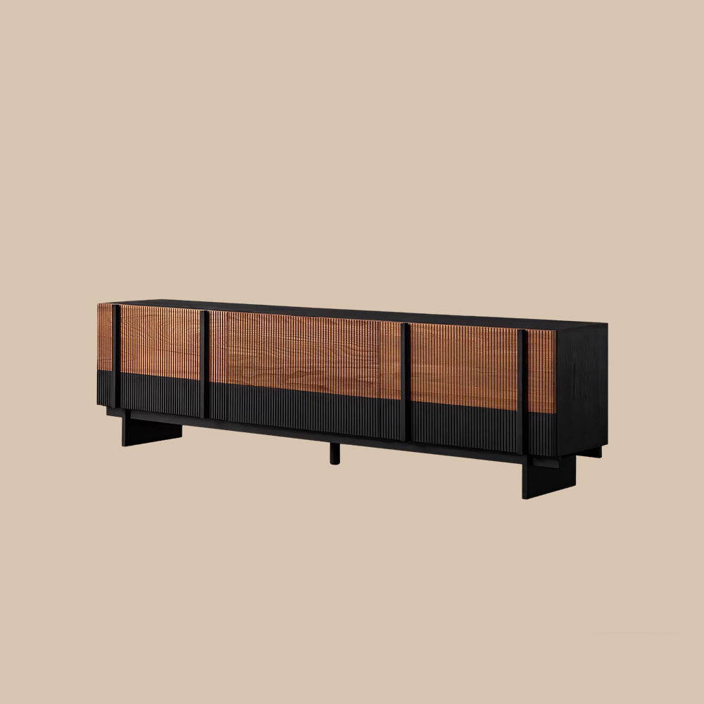 78" Sleek Rattan and Black Wood TV Stand Media Console Modern Minimalist Design with Textured Grille Front