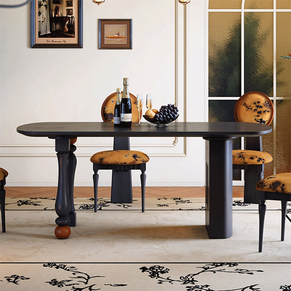 Modern Sculptural Dining Table Solid Wood Black Finish Pedestal Base Minimalist Dining Table