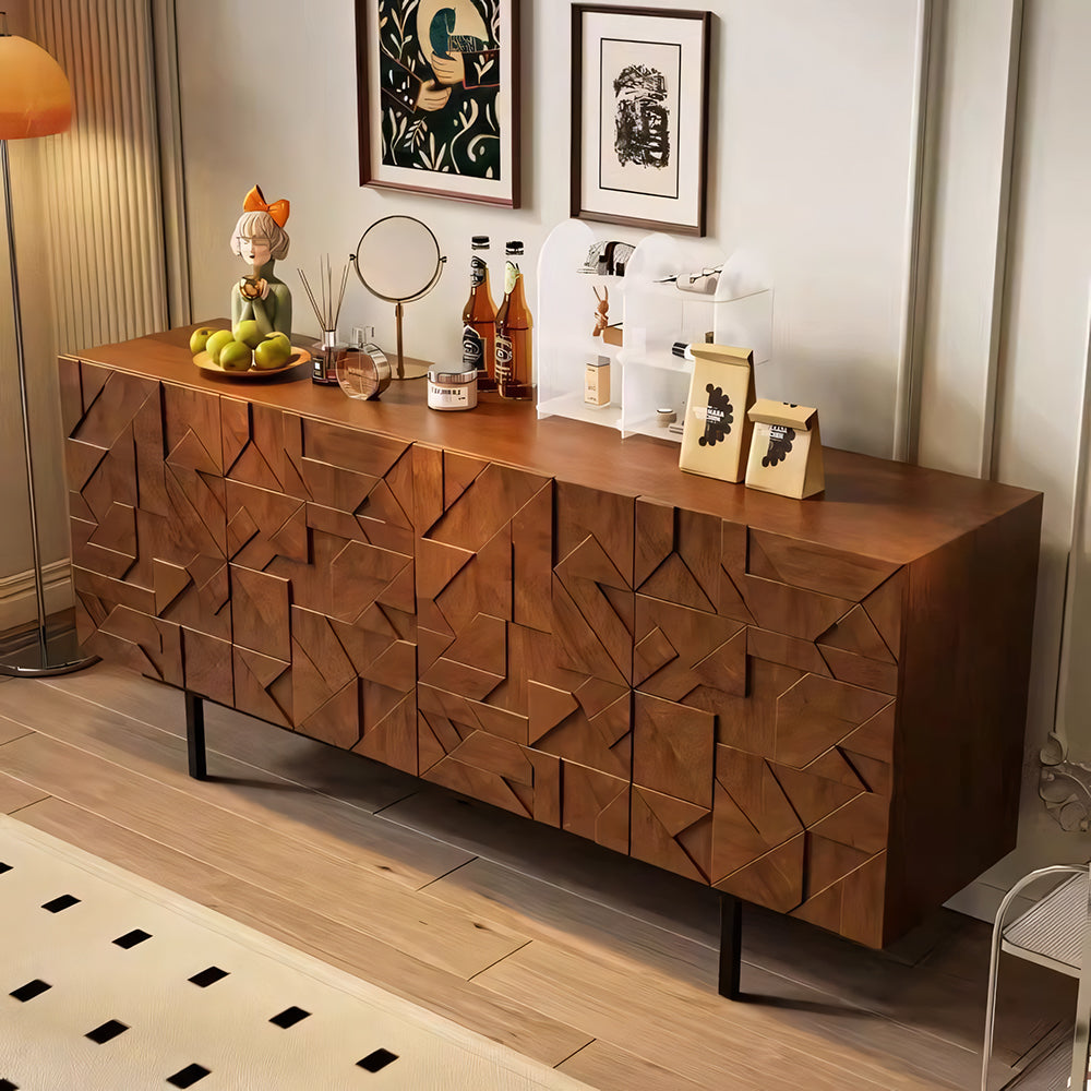 55.1"/70.8"Modern Walnut Sideboard Geometric Storage Cabinet with Metal Legs