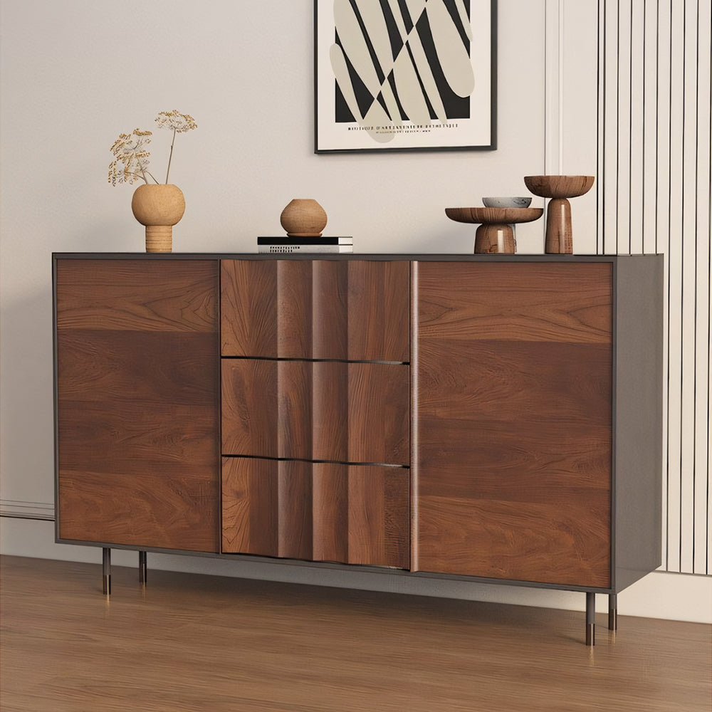62.9'' Modern Walnut Sideboard Fluted Wood Storage Cabinet with Metal Frame and Doors