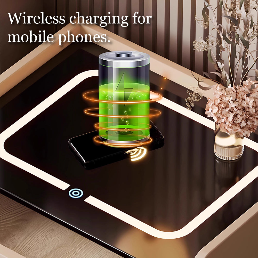 Smart Leather Nightstand with LED Ambience Light Wireless Charging Bluetooth Speaker and Digital Password Lock