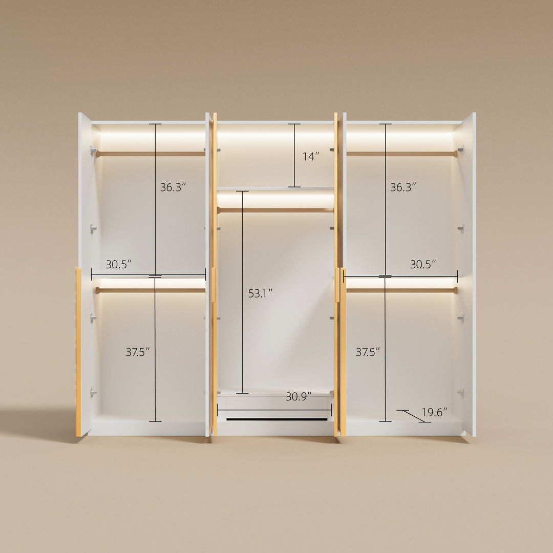 Modern Luxury Six-Door Closet Wardrobe in Champagne Gold and White with Glass Accents & Spacious Storage