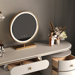 Load image into Gallery viewer, 47.2'' Modern Luxury Vanity Desk with Round Mirror Cream Finish Makeup Table with Storage Drawers and Gold Base with Stool
