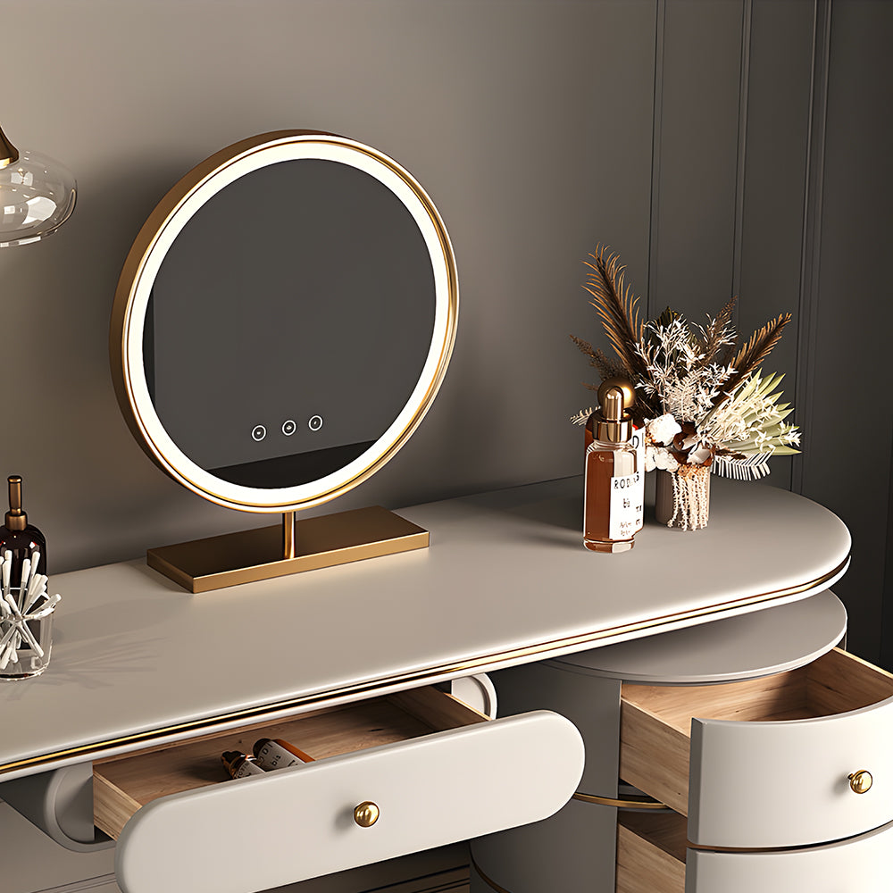 47.2'' Modern Luxury Vanity Desk with Round Mirror Cream Finish Makeup Table with Storage Drawers and Gold Base with Stool