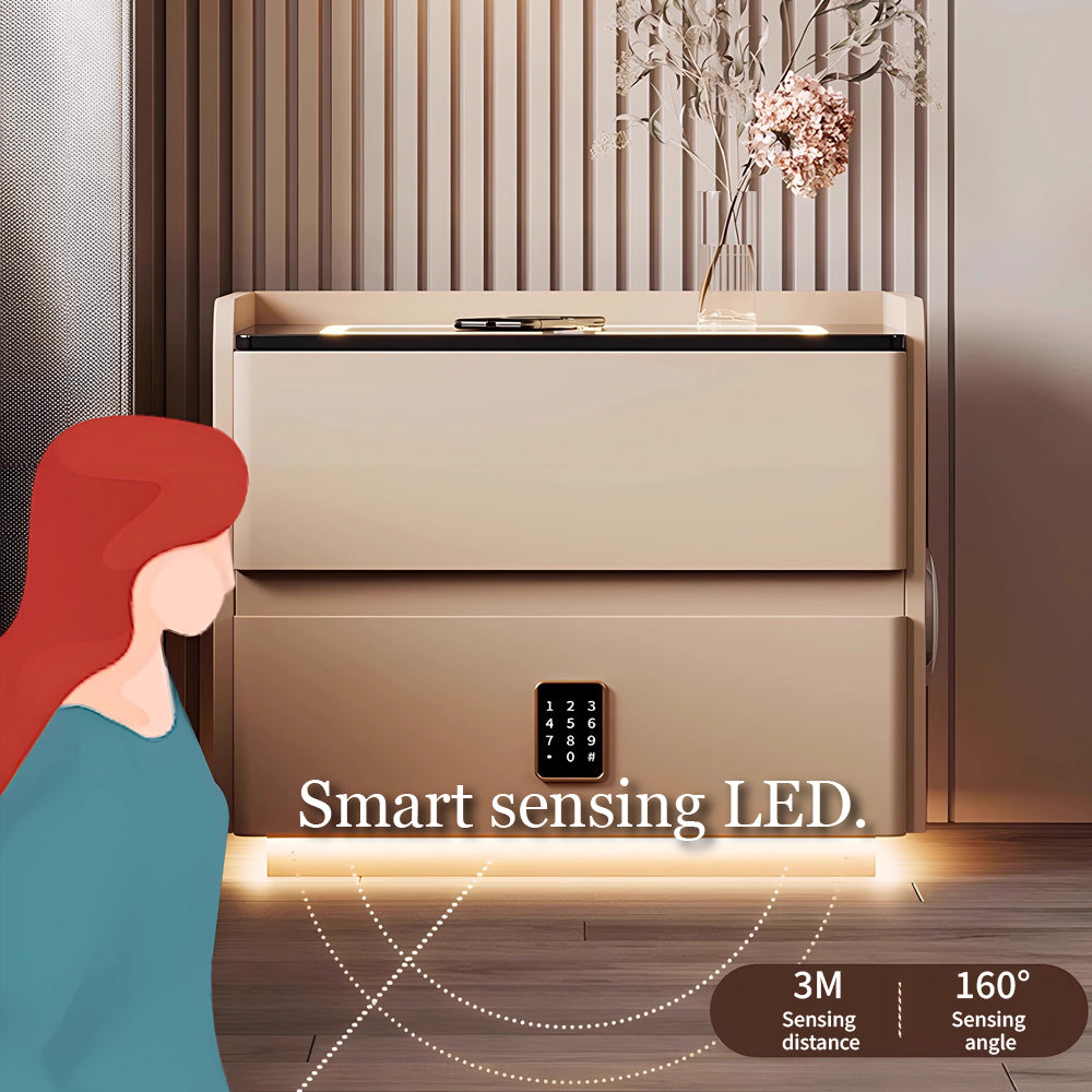 Smart Leather Nightstand with LED Ambience Light Wireless Charging Bluetooth Speaker and Digital Password Lock