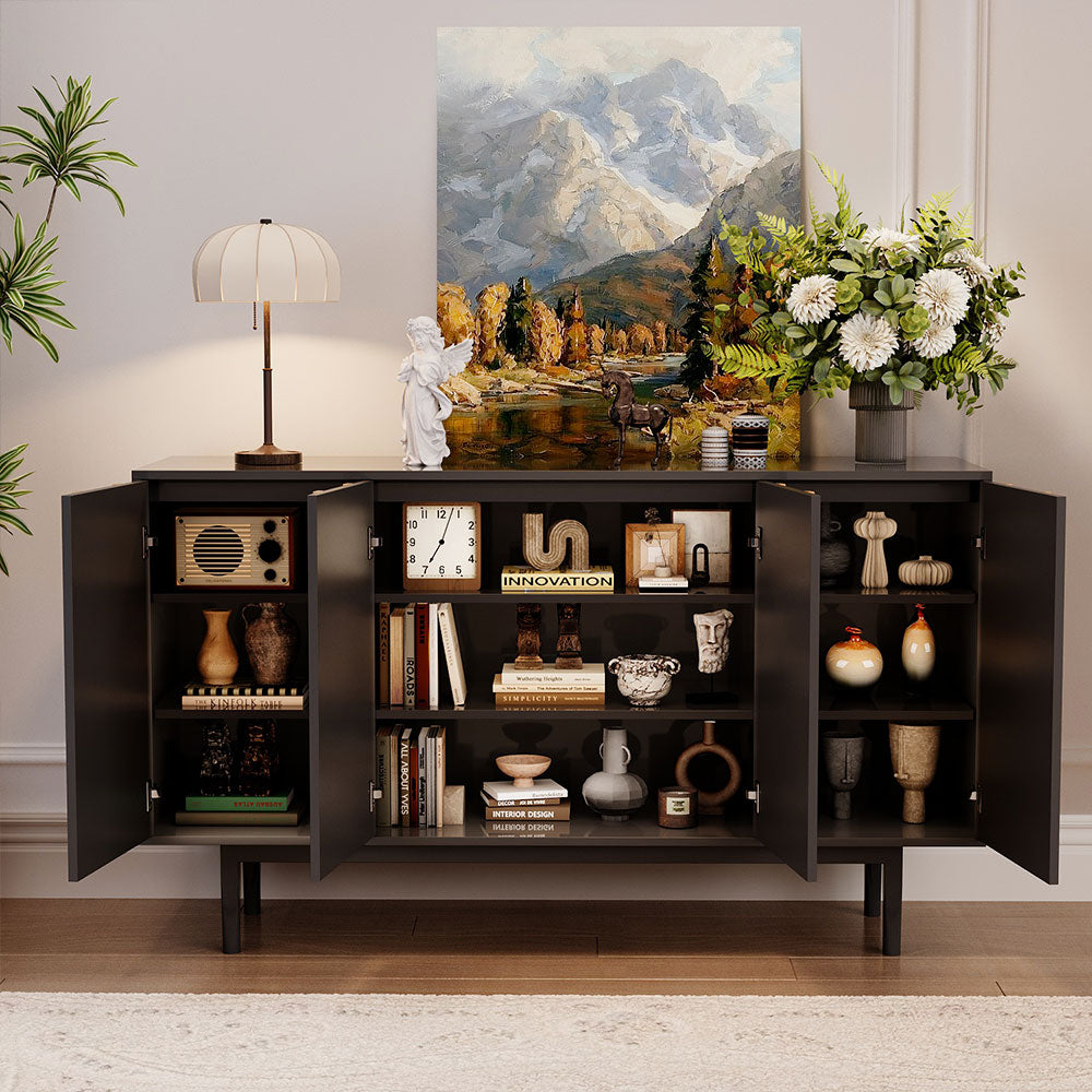 55.1'' Modern Black & Natural Wood Sideboard Cabinet with Decorative Slatted Doors