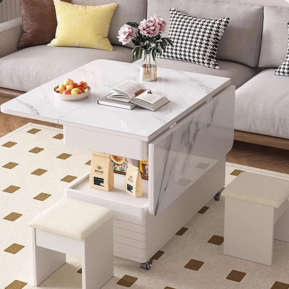Modern Multifunctional Foldable Coffee Table with Wheels & 2 Stools