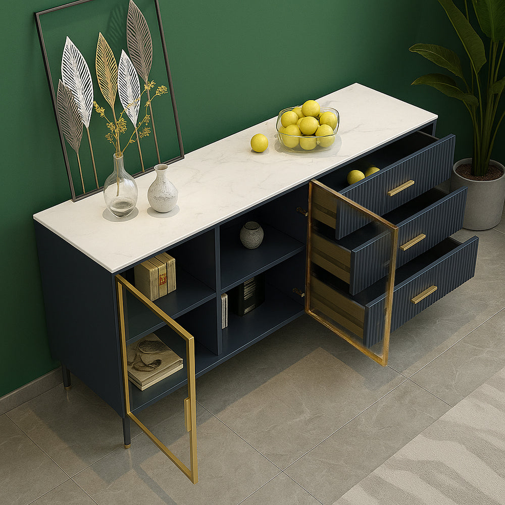 Modern Sideboard Cabinet Marble Top Glass Doors Gold Frame Storage with Drawers