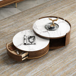 Load image into Gallery viewer, 31.5&quot; Round Nesting Coffee Table Set with Drawer Marble Texture Top Walnut Minimalist Storage Design
