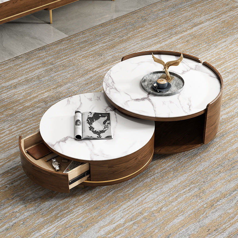 31.5" Round Nesting Coffee Table Set with Drawer Marble Texture Top Walnut Minimalist Storage Design