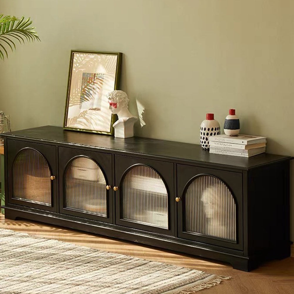 Modern Low-Profile TV Cabinet with Arched Glass Doors Freestanding Storage Console