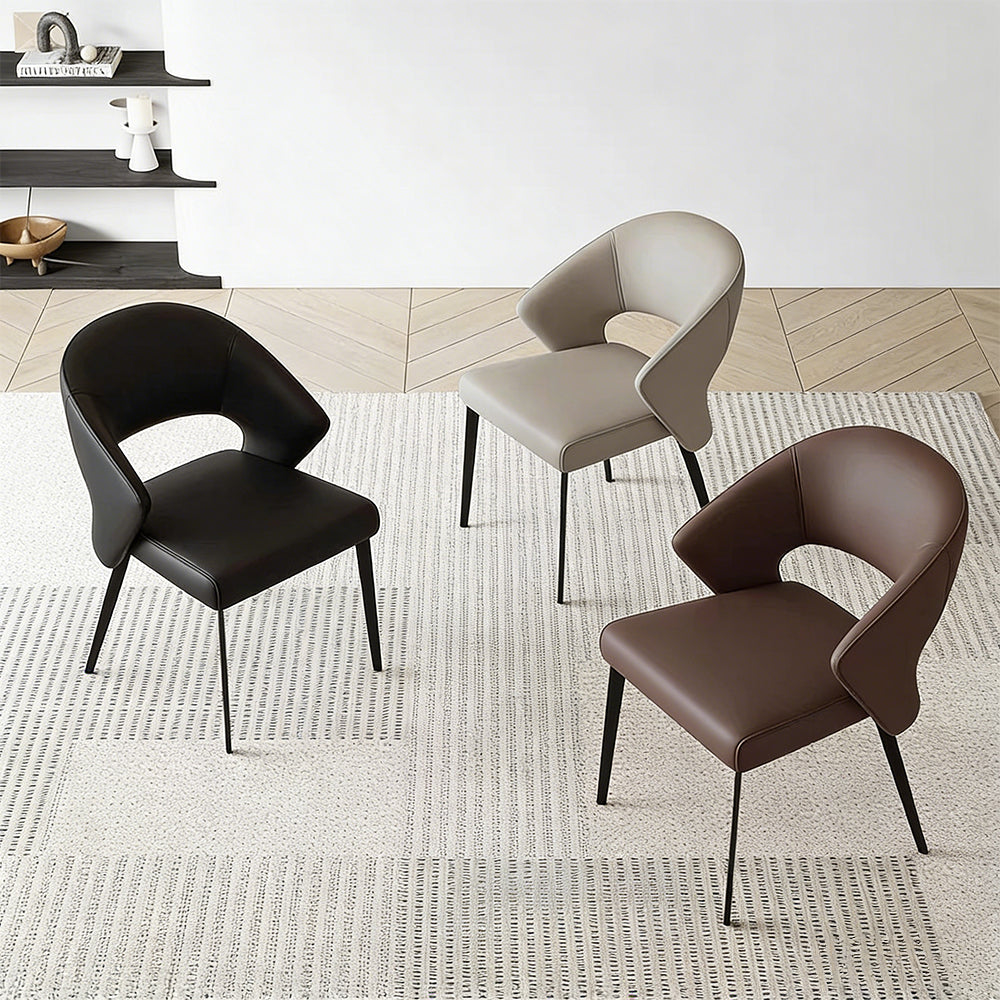 2PCS Modern Curved Upholstered Dining Chair Leather Accent Armchair with Black Metal Legs