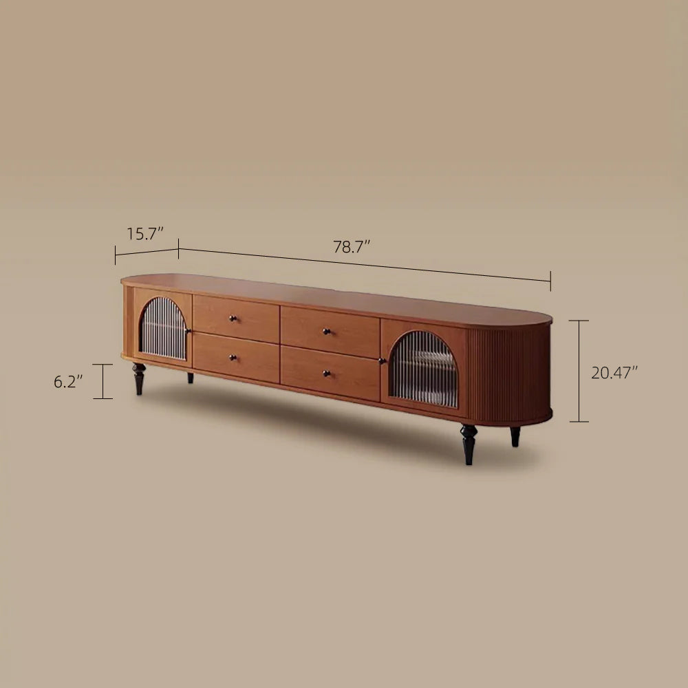 Mid-Century Modern TV Stand with Dual Arch Doors and 4 Solid Wood Drawers