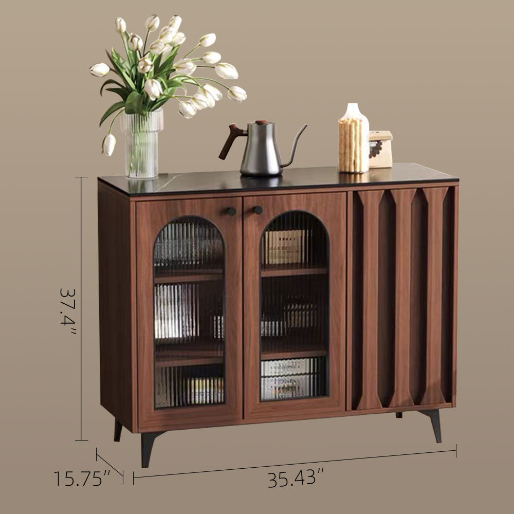 35.4'' Modern Walnut Sideboard with Arched Fluted Glass Doors Buffet Cabinet with Carved Panels & Metal Legs