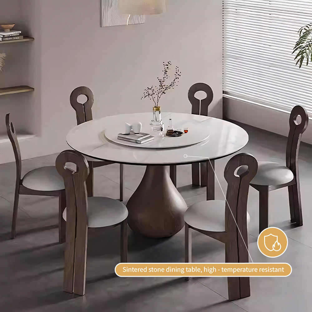 Round Dining Table Wooden Base and Ceramic Stone Top Modern Aesthetic