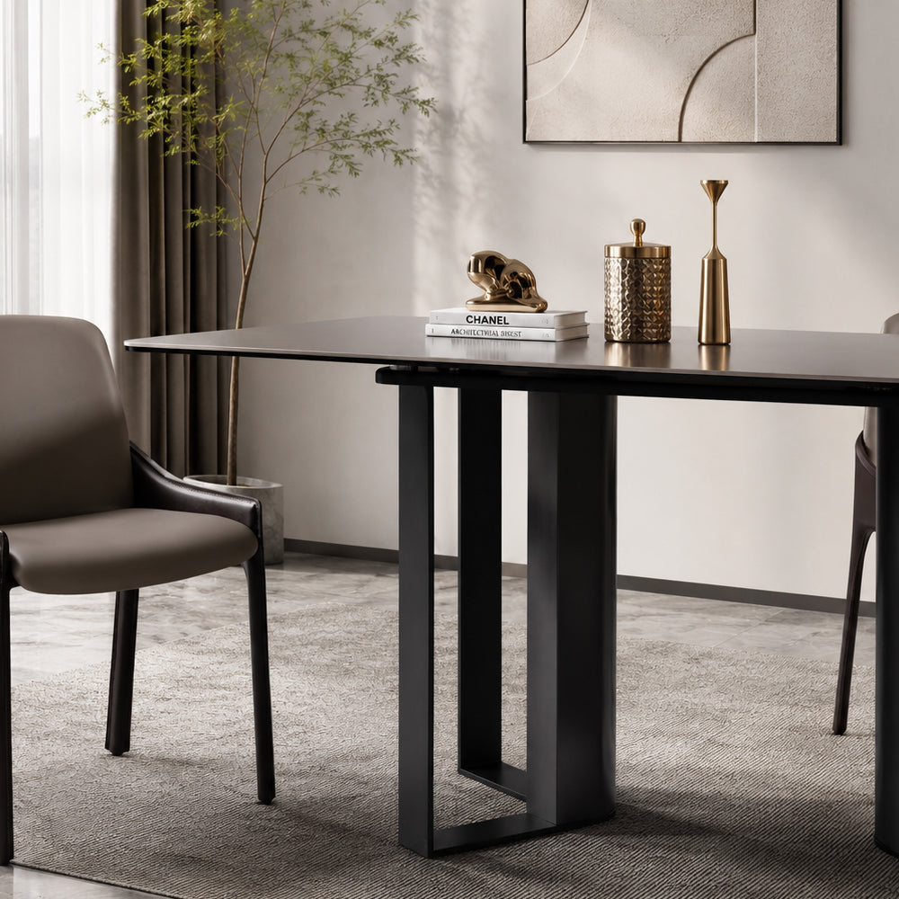 Modern Rectangular Dining Table with Marble-Look Top and Black Metal Base