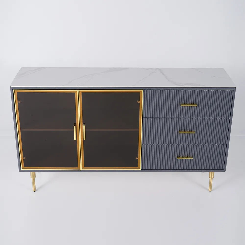 Modern Sideboard Cabinet Marble Top Glass Doors Gold Frame Storage with Drawers