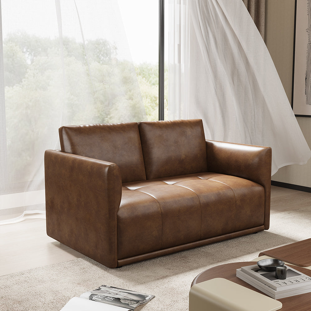 Modern Brown Faux Leather Sofa with Deep Cushions & Clean Lines