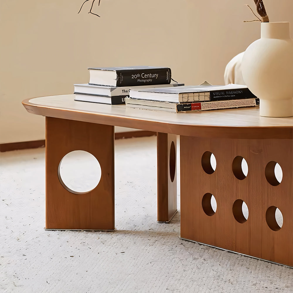 46.8'' Modern Sculptural Oval Coffee Table with Geometric Cutout Base Contemporary Accent Table for Living Room