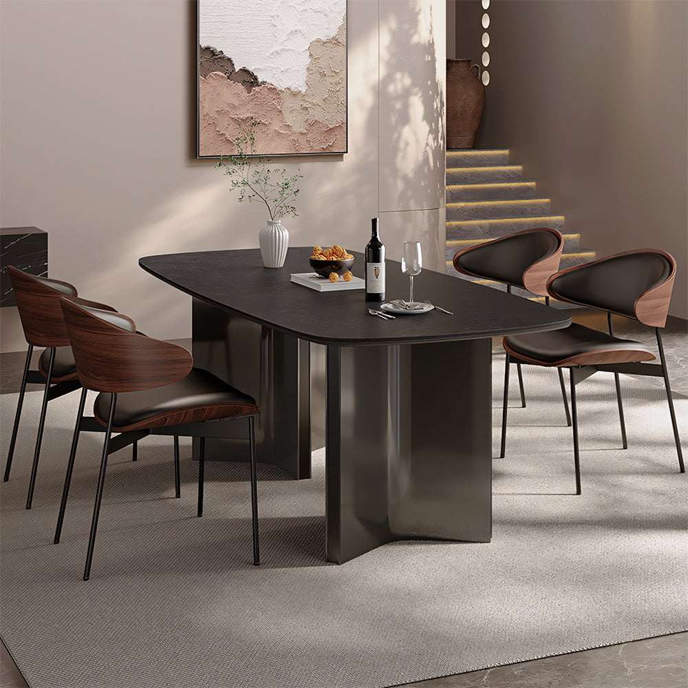 Modern Dining Table Oval Stone Texture Tabletop with Stainless Steel Pedestal Base Minimalist Dining Table