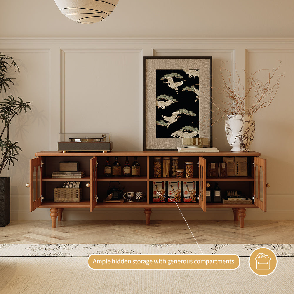 70''Solid Wood TV Cabinet Arched Glass Doors Warm Cherry Finish Hidden Storage