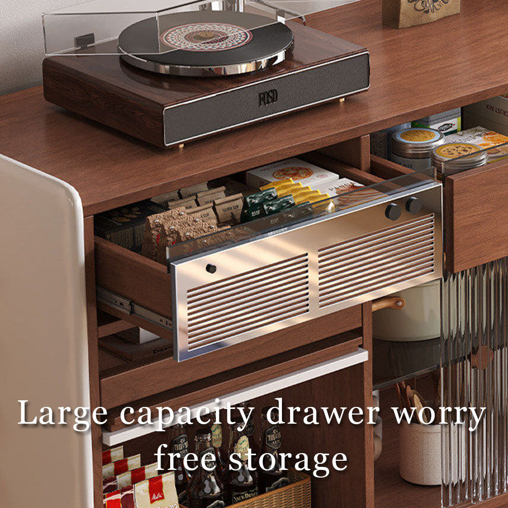 59.1"/70.9" Modern Walnut Sideboard Cabinet with Fluted Glass Sliding Doors & Open Storage