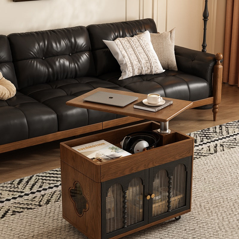 26'' Vintage Rolling Coffee Table with Storage | Glass Paneled Cabinet Doors + Hidden Compartment + Compact Design
