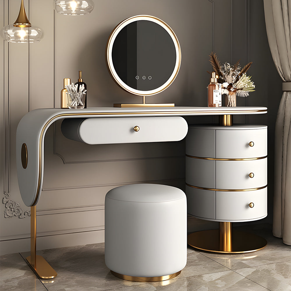 47.2'' Modern Luxury Vanity Desk with Round Mirror Cream Finish Makeup Table with Storage Drawers and Gold Base with Stool