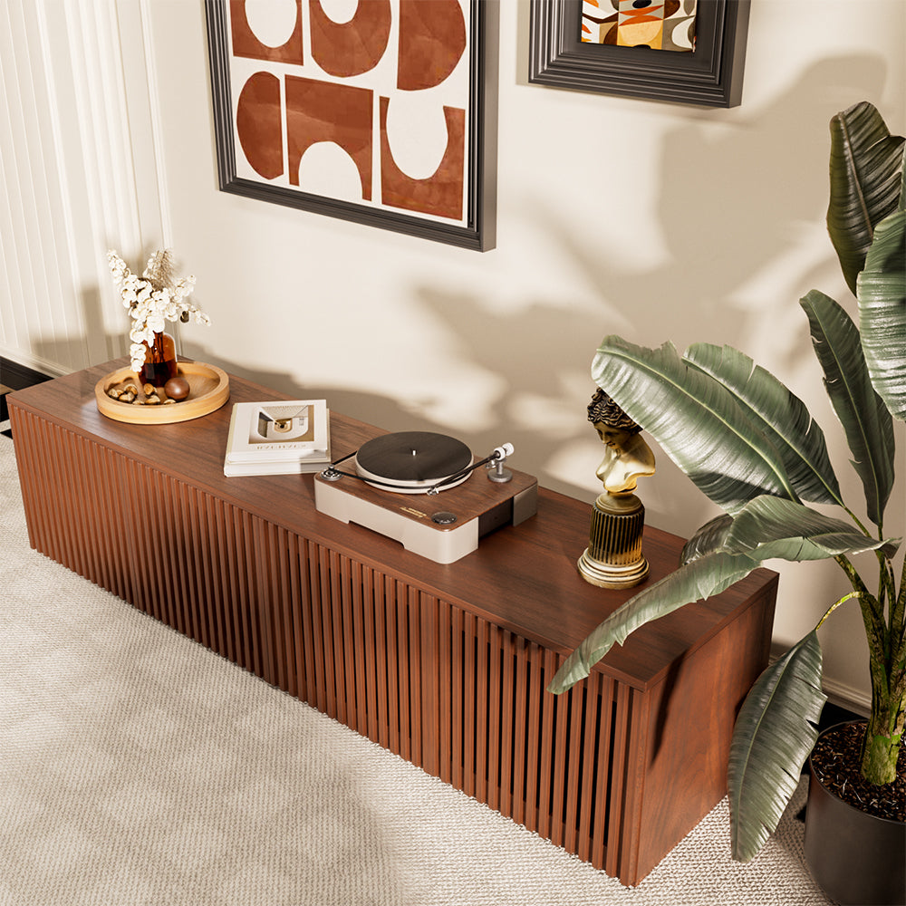 72.15''Walnut Straight Vertical Slatted TV Stand Modern Minimalist Large Storage