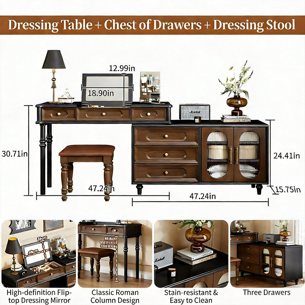 Modern Vintage Vanity Desk with Mirror and Stool Dark Wood Makeup Table with Drawers Storage