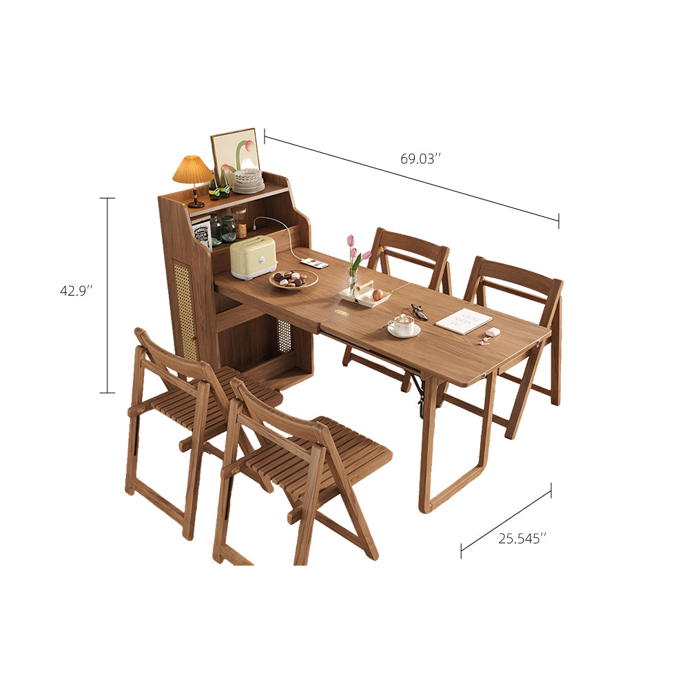 69'' Rattan Dining Cabinet Table Set Foldable Storage Multi-Chair Design Solid Wood Finish