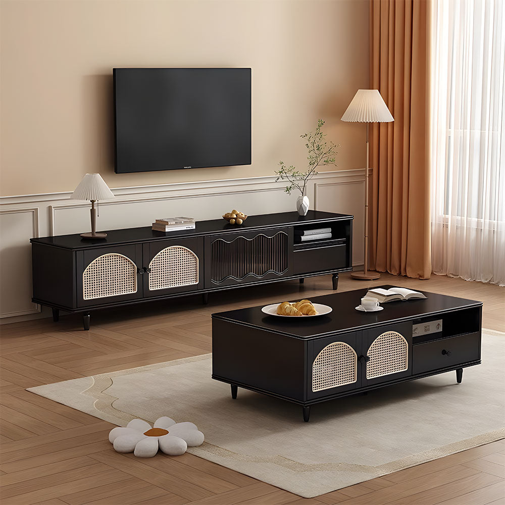 TV Stand & Coffee Table Set with Cane Drawers Mid-Century Modern Style Spacious Storage Elegant Design