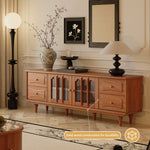 Load image into Gallery viewer, 70&#39;&#39; Solid Wood TV Stand Cabinet Arched Glass Doors Multi Drawer Design Warm Cherry Finish
