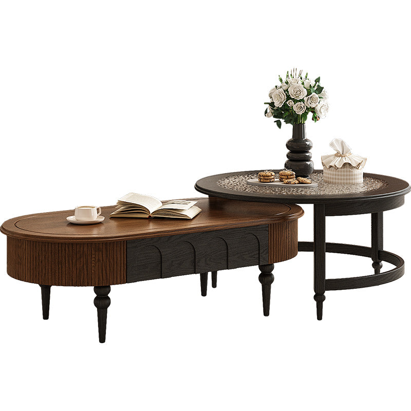 46.8" Nesting Coffee Table Set Water Ripple Glass Dual Side Drawer Walnut Vintage Style