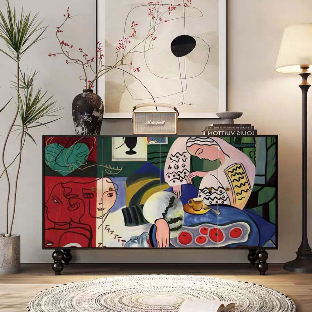 59'' Vintage Hand-Painted Sideboard Artistic Retro Buffet Cabinet with Bold Geometric Patterns