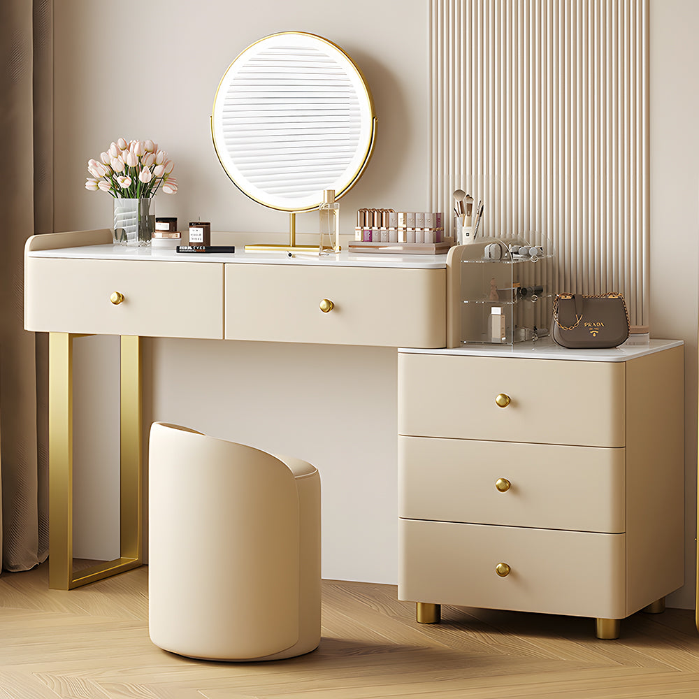 Modern White Vanity Desk with Mirror and Drawers Makeup Dressing Table with Storage Cabinet and Stool