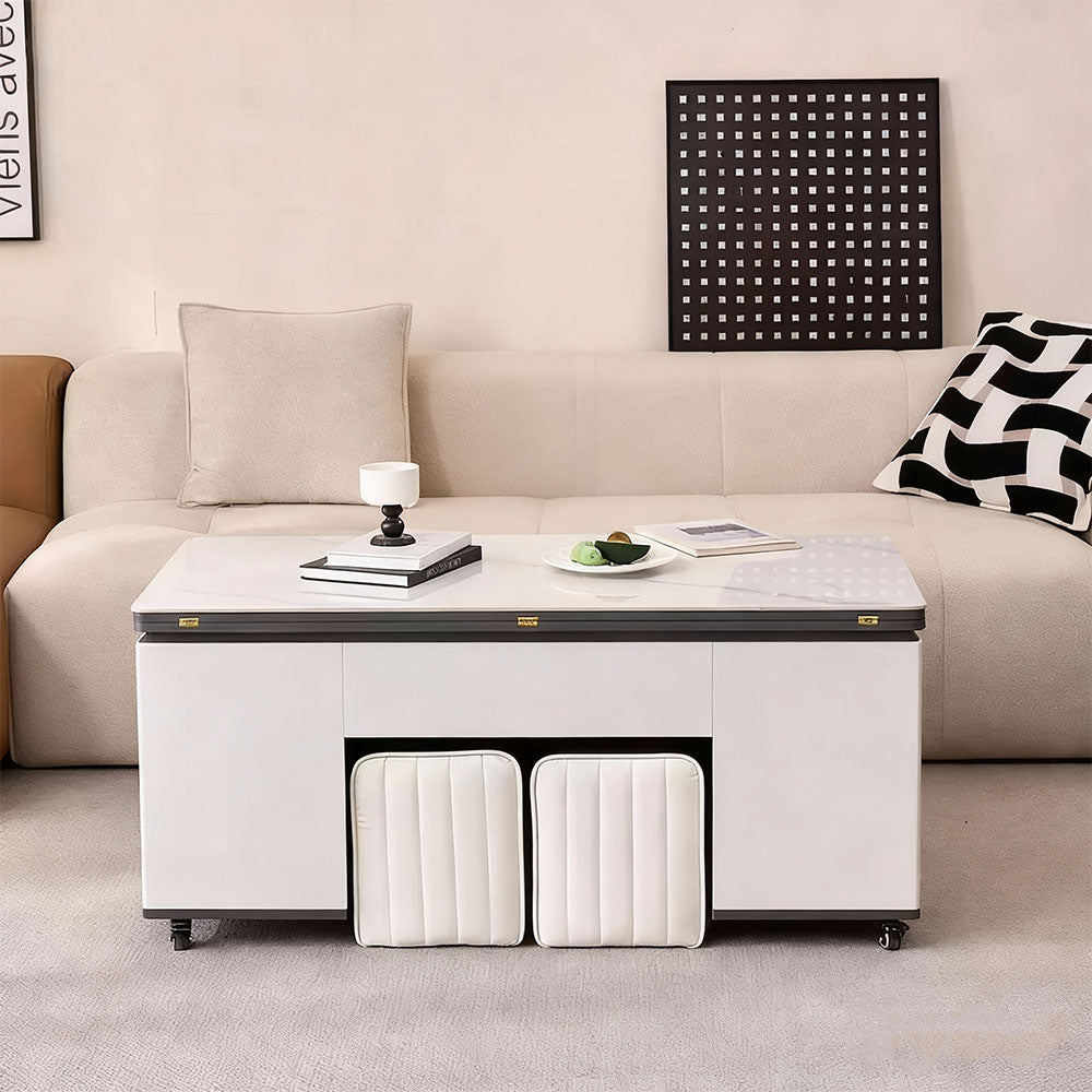 Sintered Stone Lift-Top Coffee Table with 2 Stools Modern 2-in-1 Dining and Work Table for Smart Living