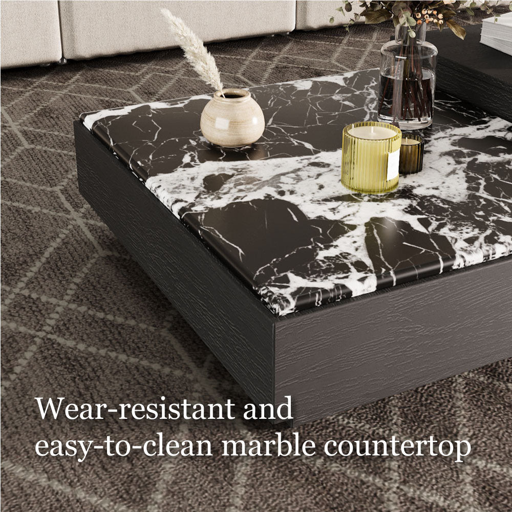 55'' Modern Square Marble and Wood Coffee Table Elegant Design