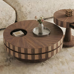 Load image into Gallery viewer, Modern Round Walnut Coffee Table Set Rotating Design Storage Drawer Stainless Steel Tray
