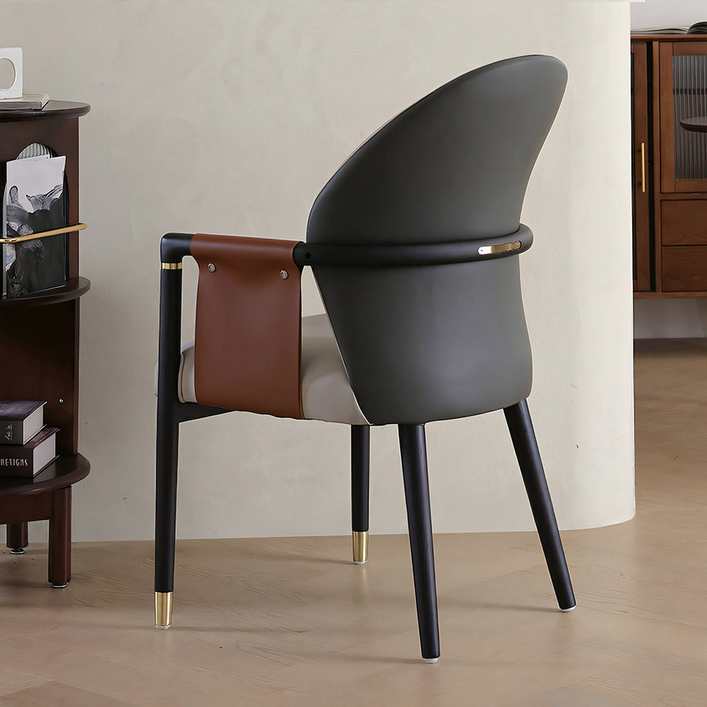 Modern Upholstered Dining Chair Set of 2 Curved Back Accent Chair with Faux Leather Armrests and Ash Wood Legs