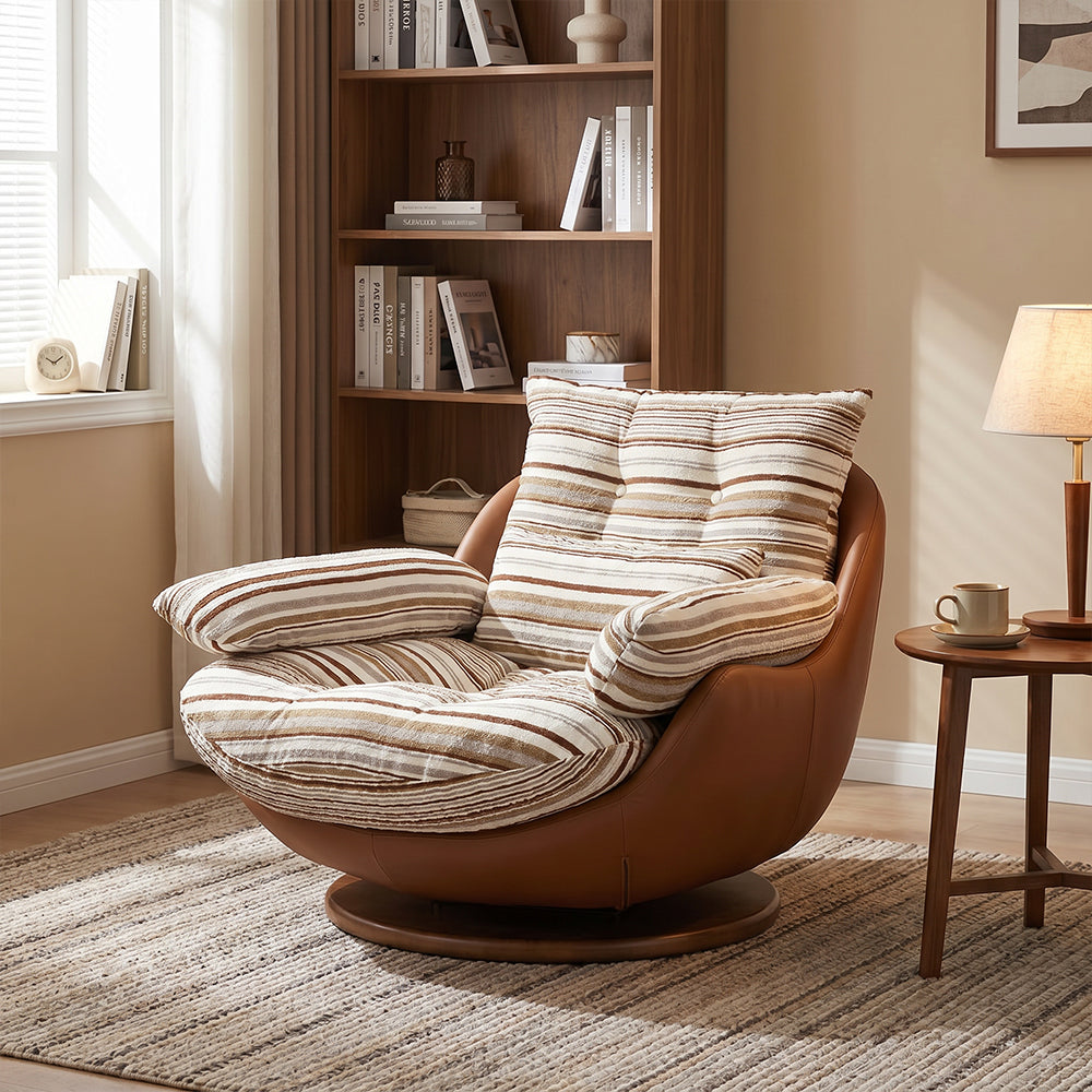 Striped Swivel Lounge Chair with Tan Faux Leather Shell