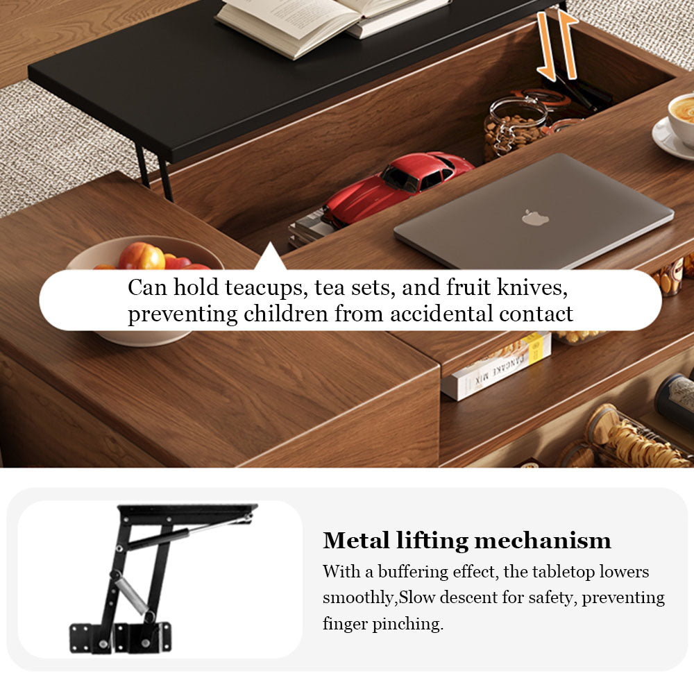 51'' Walnut Lift-Top Coffee Table with Hidden Storage Drawers and Open Shelves