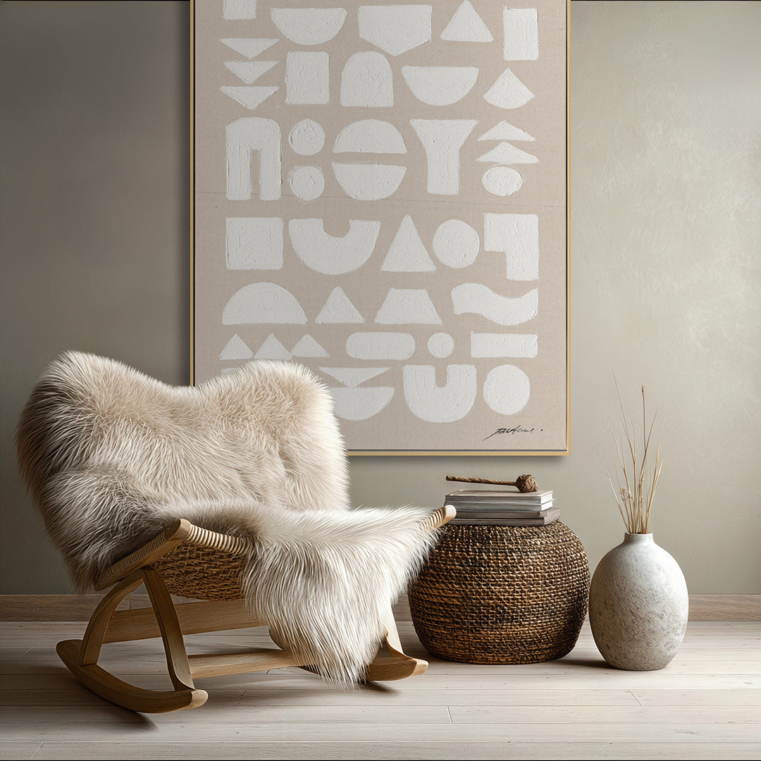 Original wabi-sabi wall art, merging geometric forms with texture, adding calm and depth to interiors