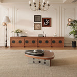 Load image into Gallery viewer, 33″ Modern Coffee Table Walnut Wood with Brushed Steel Base Sculptural Design Dual-Tier Functionality
