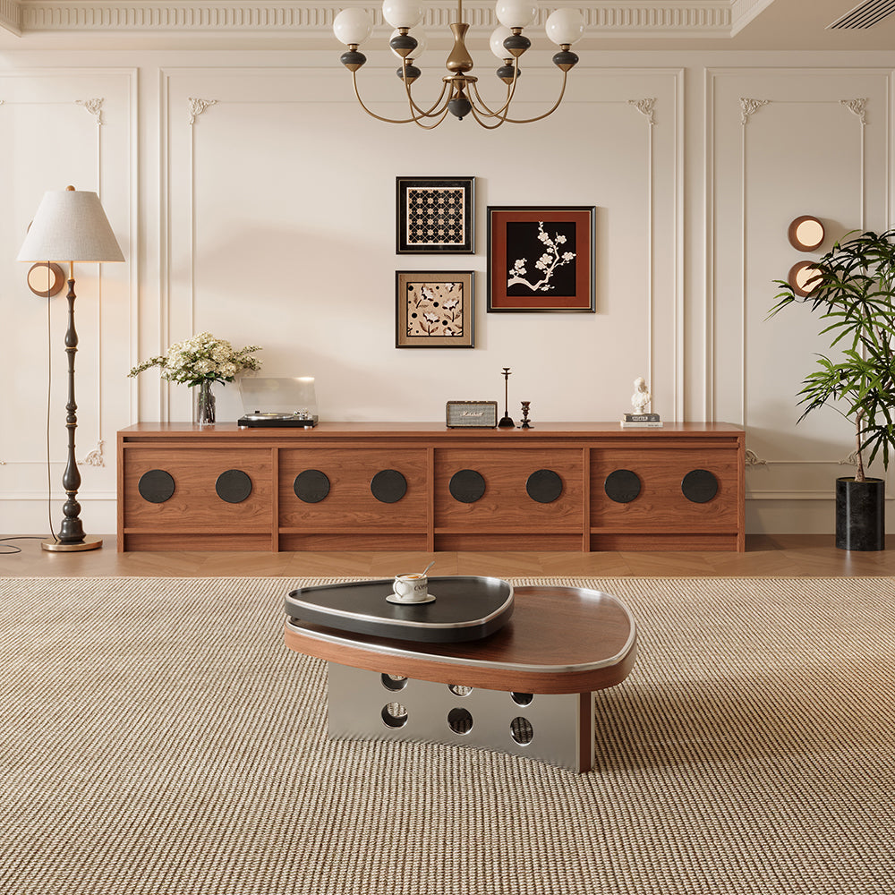 33″ Modern Coffee Table Walnut Wood with Brushed Steel Base Sculptural Design Dual-Tier Functionality