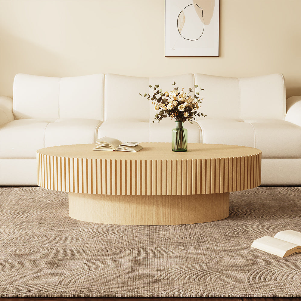 42.9" Natural Wood Oval Coffee Table Vertical Textured Design Modern Minimalist Style