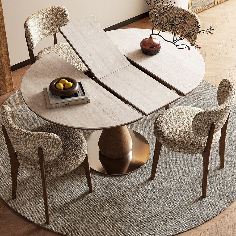 Modern Extendable Round Dining Table with Sintered Stone Top & Sculptural Pedestal Base