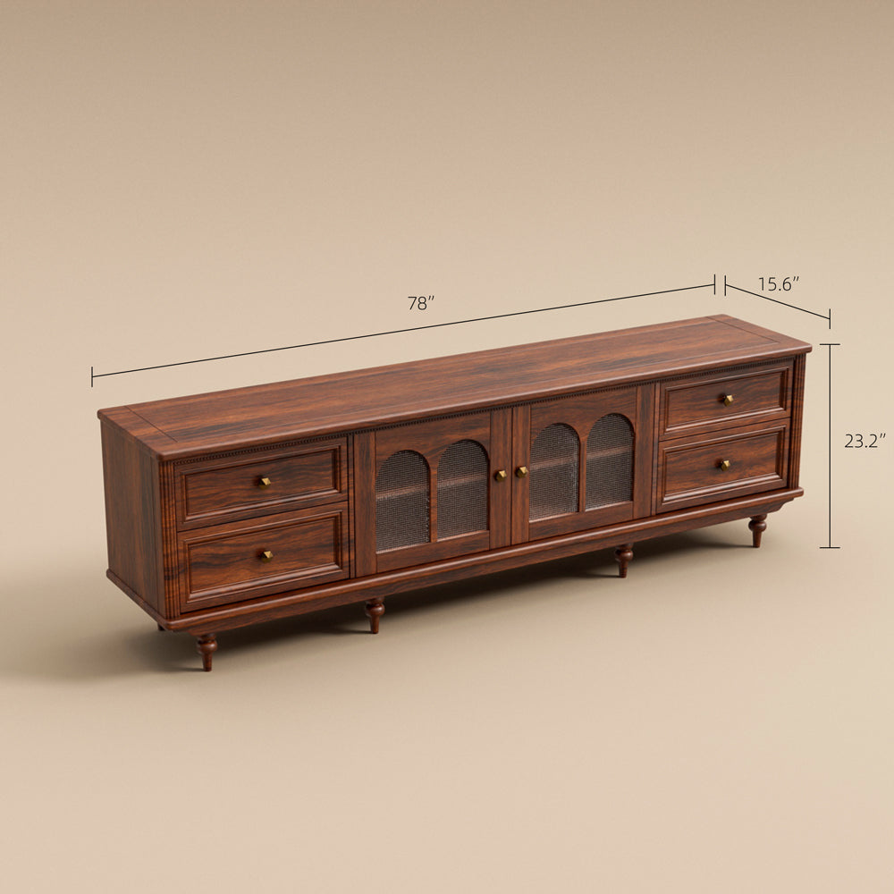 78'' Neo-Chinese Style TV Cabinet Solid Wood Drawers Arch Glass Doors Elevated Storage Base